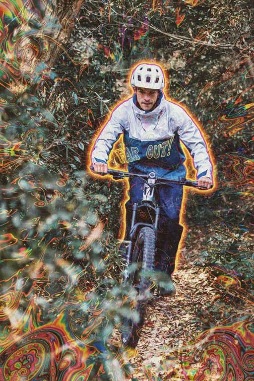 a portrait of a man with flowing hair, psychedelic 60s style, swirling colors, distorted typography, intricate patterns, surreal and energetic vibe.