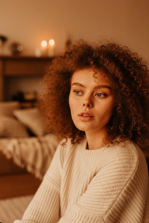 a portrait of a woman, cozy amber tones, warm color grading, soft light diffusion, indoor cozy setting.