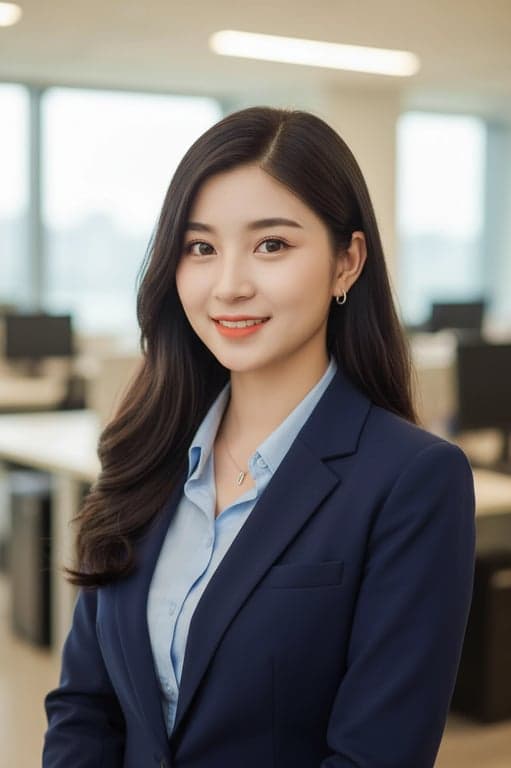 A corporate-friendly AI headshot of a woman, friendly yet professional expression, hair neatly styled, subtle jewelry, bright and inviting lighting, blurred office background.