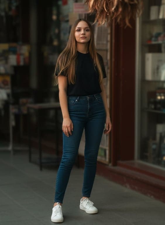 Extend the original woman portrait into a full-body image with minimal alteration. Maintain the same person, clothing, and scene, focusing only on proportionally accurate body completion, realistic leg placement, and seamless visual continuity without introducing new styling or background changes.