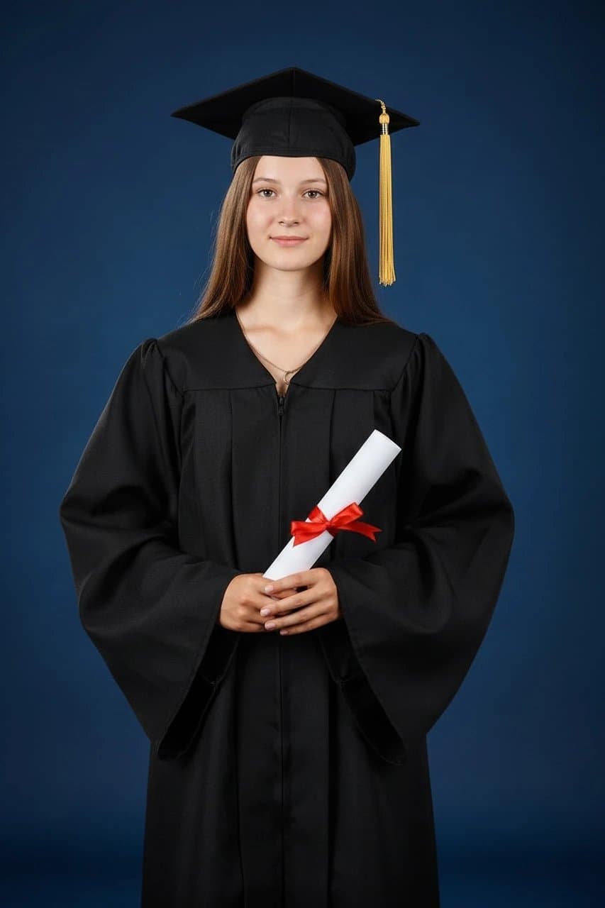 AI graduation photo filter after transformation - portrait wearing AI generated cap and gown