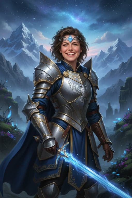 a portrait of a person wearing an elaborate fantasy warrior cosplay, with armor pieces, weapon prop, and mystical background ambiance