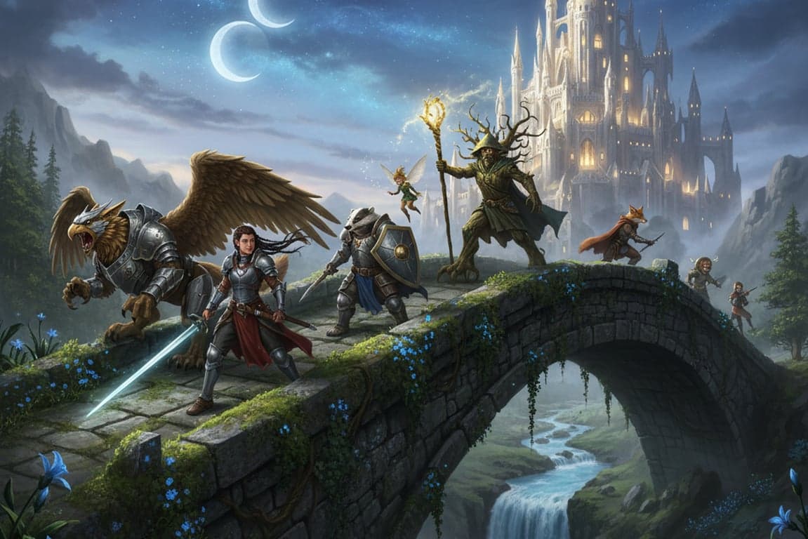 A diverse group of adventurers (human, animal, mythical) on a grand quest, posed dynamically on a stone bridge leading to an ancient, glowing castle, in a lush fantasy world.