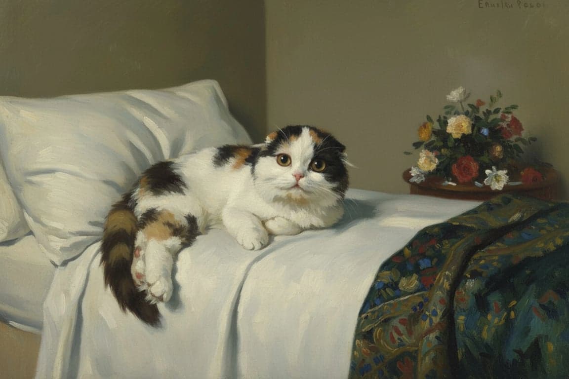 AI pet portrait generator  free after pic - fluffy cat transformed into a cozy classical bedroom painting with soft lighting and elegant interior details