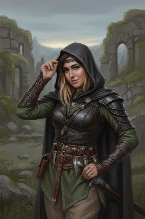 a fantasy character portrait rendered in a Dungeons & Dragons style, with clear class identity, realistic medieval-fantasy clothing, grounded anatomy, painterly textures, dramatic but believable lighting, and a neutral fantasy background suitable for a tabletop RPG character sheet