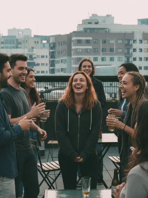 a portrait of a person laughing naturally with friends in a social setting, showcasing a fun and sociable personality
