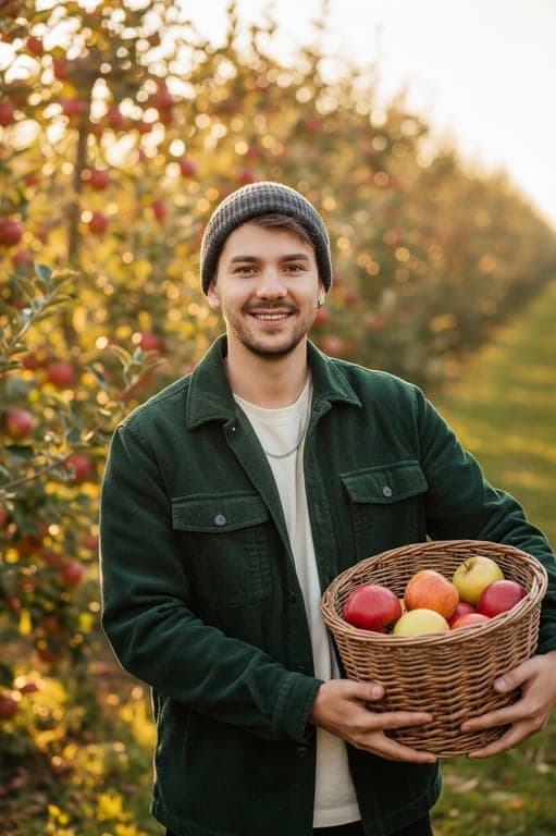 a portrait of a man wearing a corduroy jacket and beanie, carrying a basket of apples in an orchard