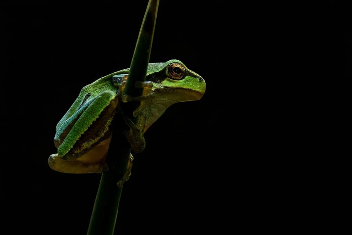AI remove color from image after photo - tree frog isolated on black background with color removed and neutral tones