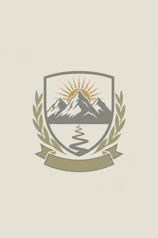 Generate a crest symbolizing adventure and shared stories, inspired by the adventurous spirit and natural, rugged colors (khaki, stone grey) of the family hiking photo. Incorporate mountain peaks and a winding path motif.