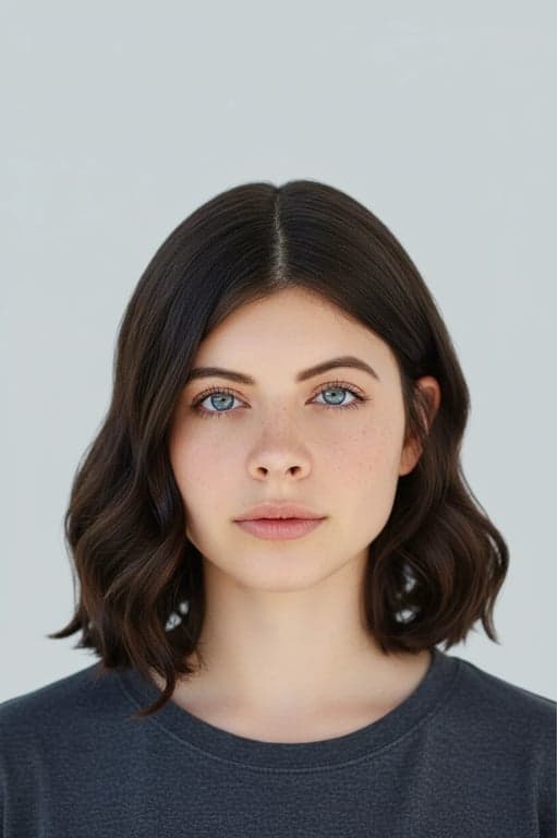 A perfectly cropped AI passport photo of a woman, meeting international size requirements, direct and neutral facial expression, uniform background color, high-resolution output.