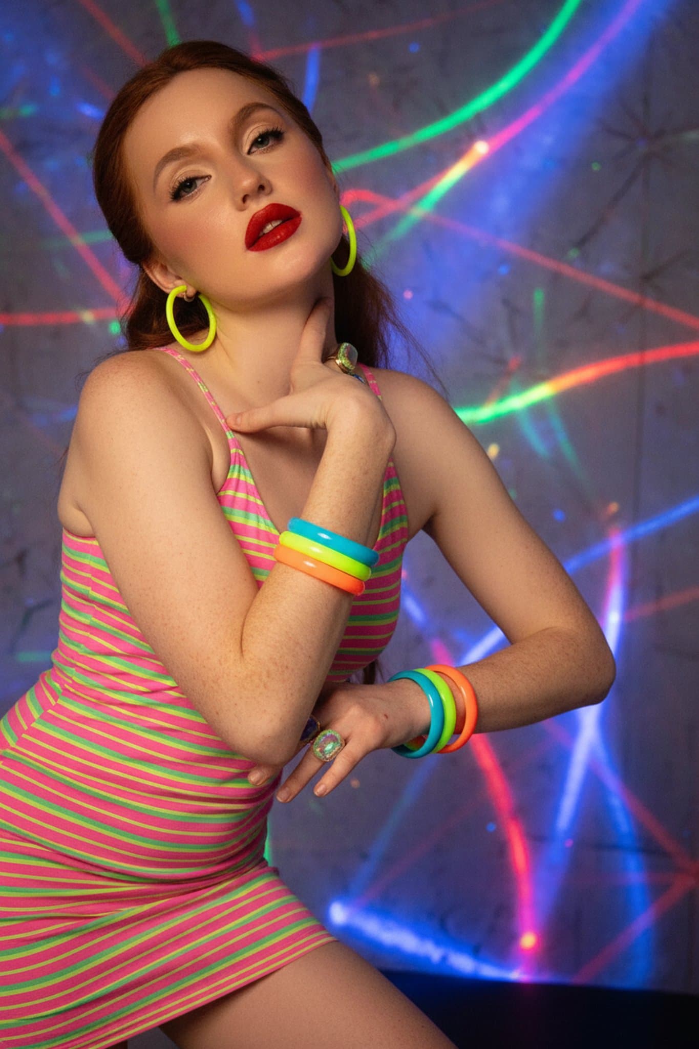 90s theme party clothes filter after transformation - portrait in plaid 90s party outfit at nostalgic school dance