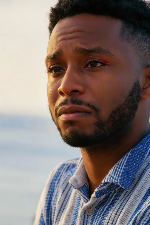 Generate a sad facial expression that conveys emotional vulnerability, emphasizing glossy eyes, gentle brow tension, softened mouth corners, and subtle muscle strain, as if the subject is holding back stronger emotion.