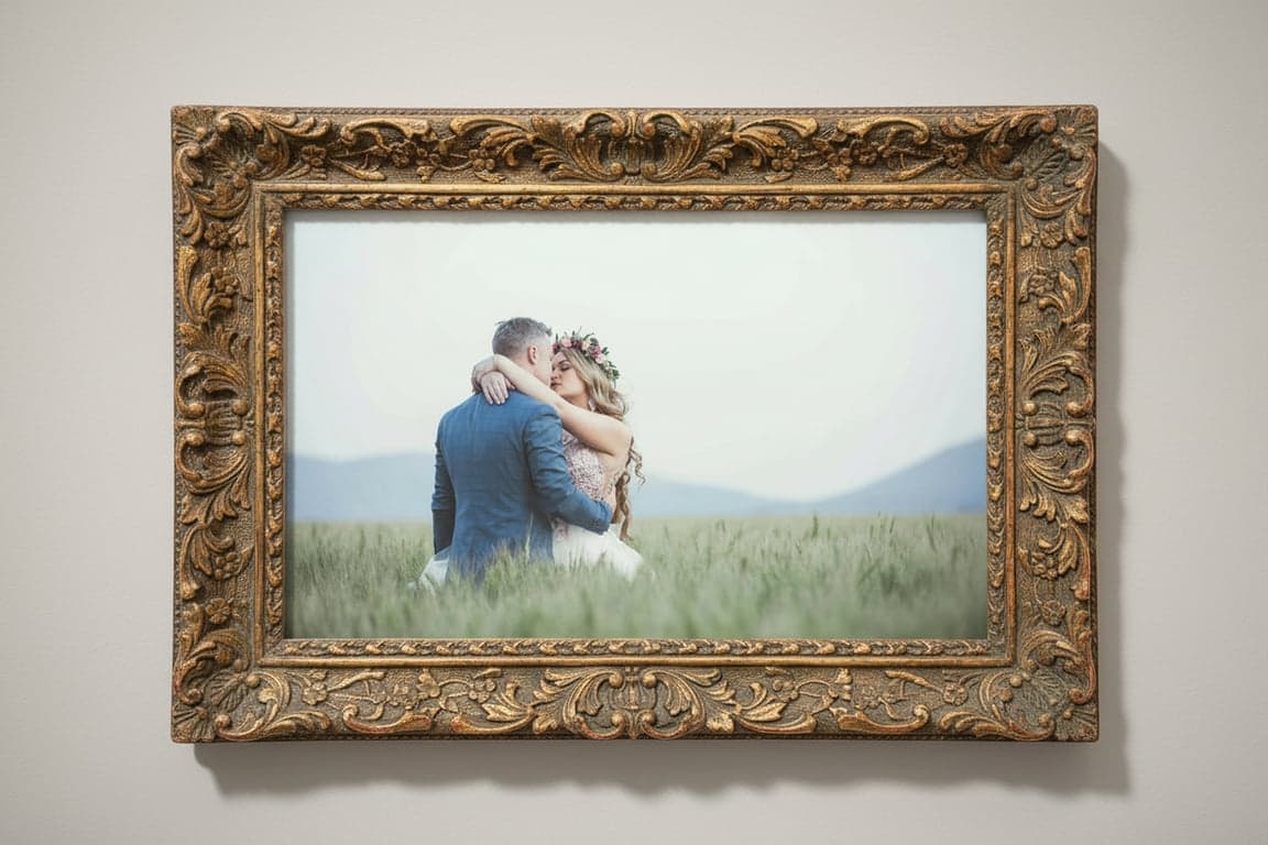 an image edited to include an antique painting frame, featuring ornate carved details, aged wood or gilded texture, accurate perspective alignment to the artwork edges, preserved original painting proportions, clean separation between frame and image, realistic shadow depth, and museum-style presentation