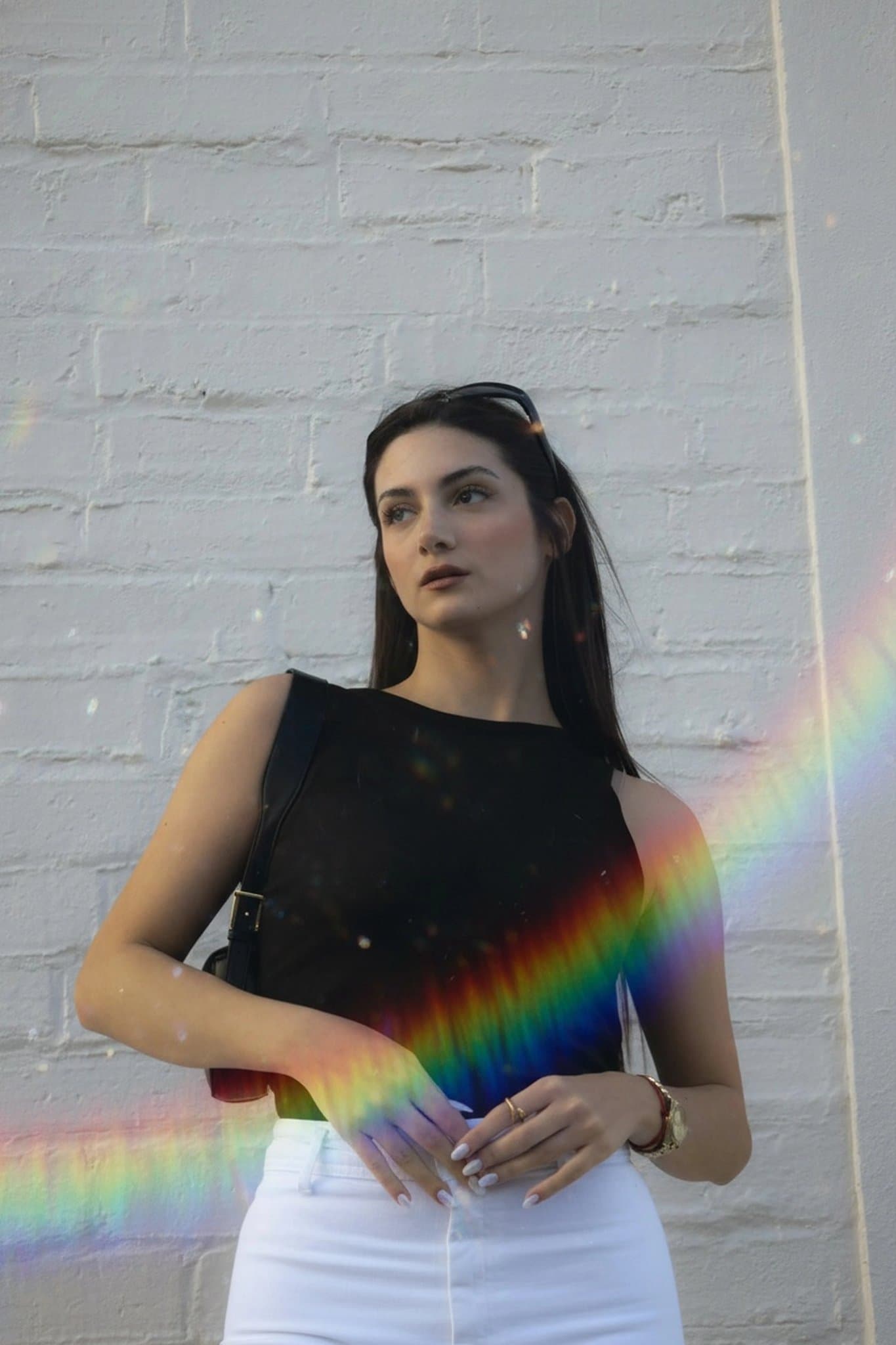 AI rainbow air filter after transformation - casual portrait with dreamy iridescent glow