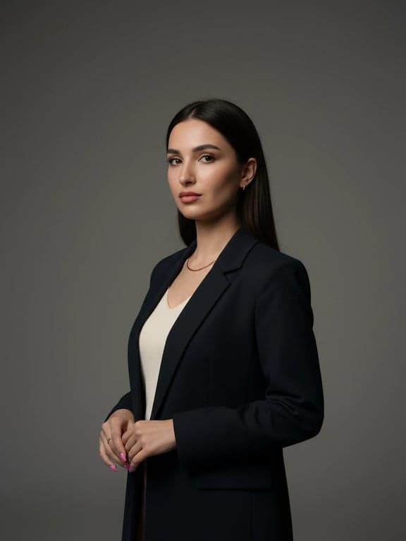 A polished AI studio portrait of a woman, clamshell lighting effect, flawless yet realistic skin, subtle jewelry highlights, professional backdrop, ready for official use.