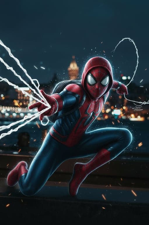 a portrait of a person transformed into a masked spider hero close-up, wearing a full spider mask with large white eye lenses, tight framing, strong contrast lighting, subtle comic shading, and a focused heroic expression conveyed through pose and lighting