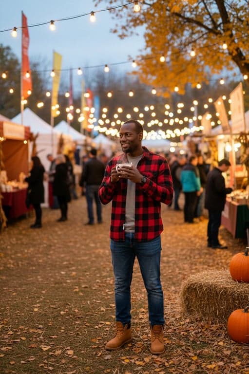 a portrait of a man in a flannel plaid shirt and jeans, holding a hot drink at a lively fall fair with string lights