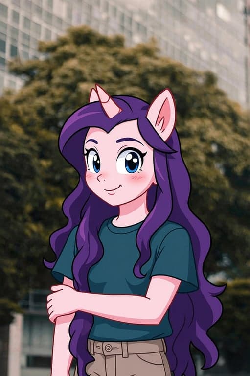 A portrait of a person reimagined as a true My Little Pony animated pony, locked to a side or three-quarter side view, fully quadruped, no human limbs, no upright stance, original background preserved, mane flow inspired by original hair shape, eye expression matching original emotion, flat pastel animation style, and a personalized cutie mark.