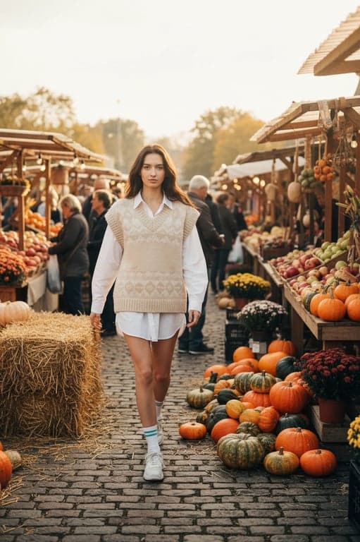 a portrait of a woman in a knitted vest over a white shirt, walking through a market with hay bales and gourds