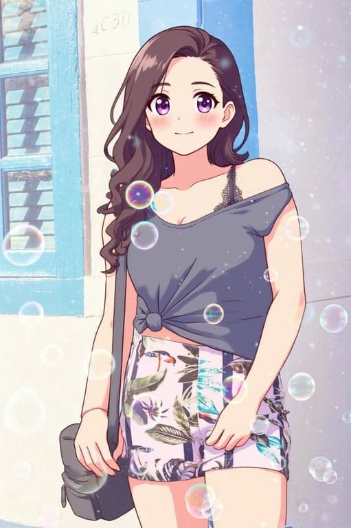 a portrait of a woman edited with an anime kawaii filter, with large sparkling eyes, smooth skin, and colorful anime-style background