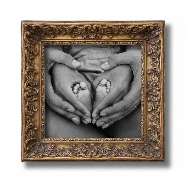 an image edited with an ornate antique frame, featuring intricate carved patterns, layered frame structure, aged gold or dark wood texture, precise edge alignment, preserved artwork proportions, and subtle shadowing to separate frame from image