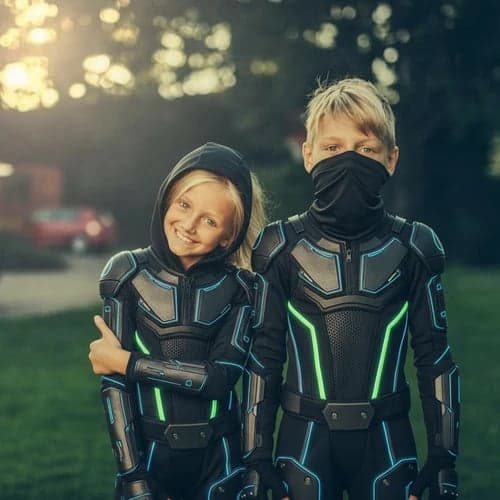 Kids ninja after – child in a sleek stealth tech ninja outfit with neon details