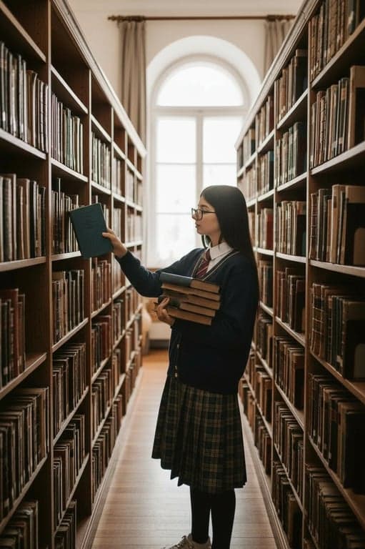 a portrait of a student edited into a sophisticated uniform with a cardigan and plaid skirt, holding books in a library aisle