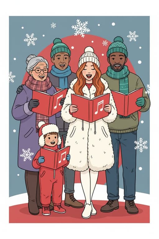 A festive holiday clipart group of people caroling, wearing winter hats and scarves, holding songbooks, with snowflakes in the background, evoking a cheerful community spirit.