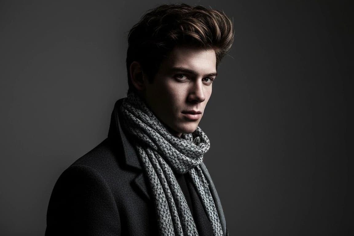 a portrait of a man, high-fashion editorial, dramatic lighting, strong silhouette, muted color palette, minimalist background.
