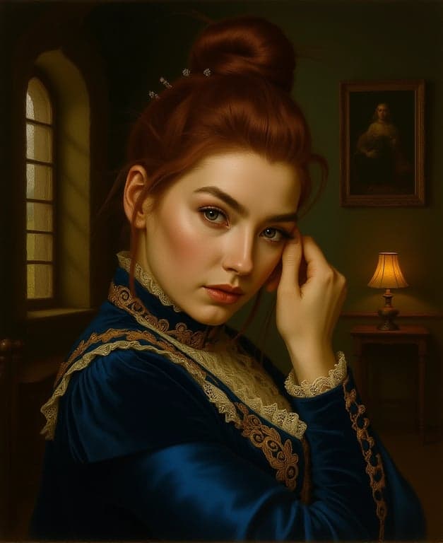 a portrait transformed into a historical or period drama cosplay, with accurate Victorian, Renaissance, or medieval clothing and setting