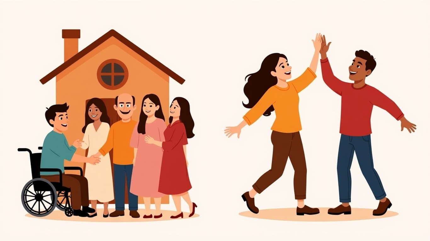 a clipart scene of a diverse family holding hands in a circle around a house, and a separate scene of two friends high-fiving, in a cartoon style with warm colors.