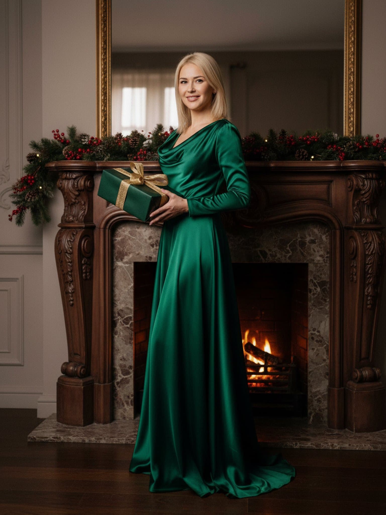 A woman in an elegant green satin gown holding a wrapped gift, standing before a decorated fireplace with warm holiday garlands.