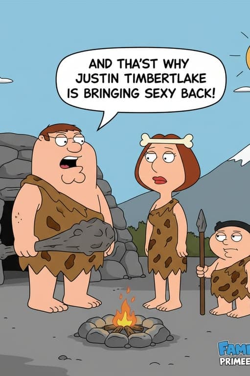 a random historical scene (e.g., cavemen) in family guy art style, with a character making a modern pop culture reference, simplistic animation.