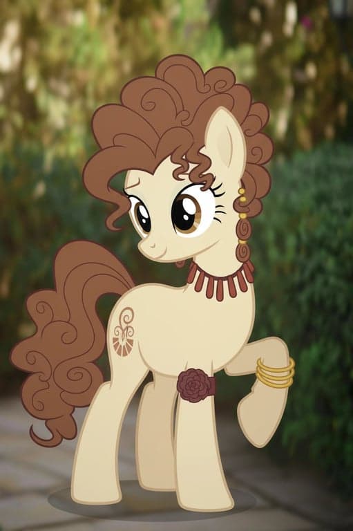 A portrait of a person reinterpreted as a fully non-human My Little Pony pony, standing naturally on all four hooves, viewed from a classic side or three-quarter side angle, explicitly excluding any humanoid body structure or bipedal stance, translating original facial traits into eye emotion only, converting hairstyle into a stylized flowing mane, keeping the original background and scene composition intact, using authentic pony anatomy and a symbolic cutie mark.