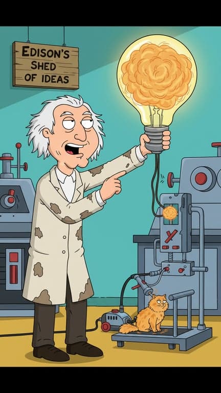 A cutaway gag image of a \"family guy\" style Thomas Edison inventing the lightbulb, but with a ridiculous premise, flat colored laboratory background.