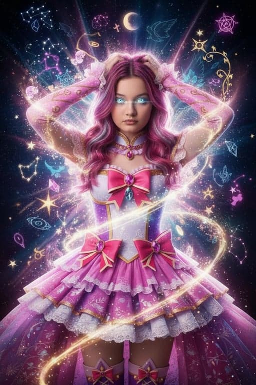 a portrait of a person edited into a dramatic magical girl transformation scene, showcasing a fully revealed magical uniform with bow details, pleated skirt, gloves, boots, strong glow effects, and fantasy symbolism