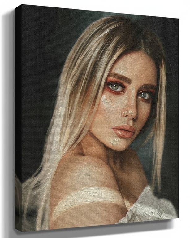 a portrait of a woman, oil painting on canvas style, prominent weave texture visible in highlights and shadows, thick impasto strokes, gallery-wrapped edge effect.