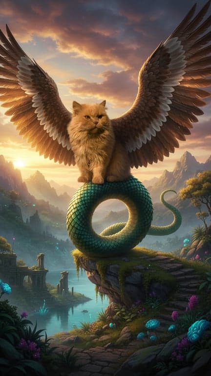 A majestic creature created by blending a cat's head with an eagle's wings and a serpent's tail, set against a mythical landscape, detailed and realistic texture mix.