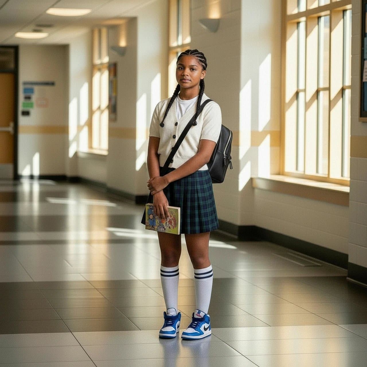 AI fashion swap showing a plaid mini skirt and knee-high socks, inspired by Y2K schoolgirl fashion.