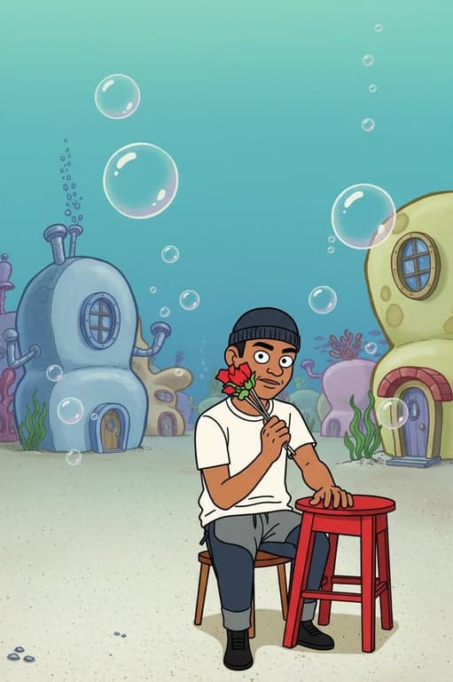 a portrait of a person rendered in SpongeBob animation style with flat cel coloring, bold outlines, simplified anatomy, bright tropical palette, playful facial expression, and a lighthearted Bikini Bottom cartoon atmosphere.
