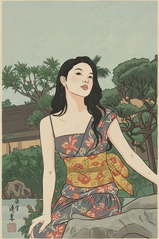 a portrait of a person illustrated in an ukiyo-e–inspired style featuring flat color planes, flowing contour lines, simplified facial proportions, minimal shading, muted traditional colors, and a calm Edo-period aesthetic