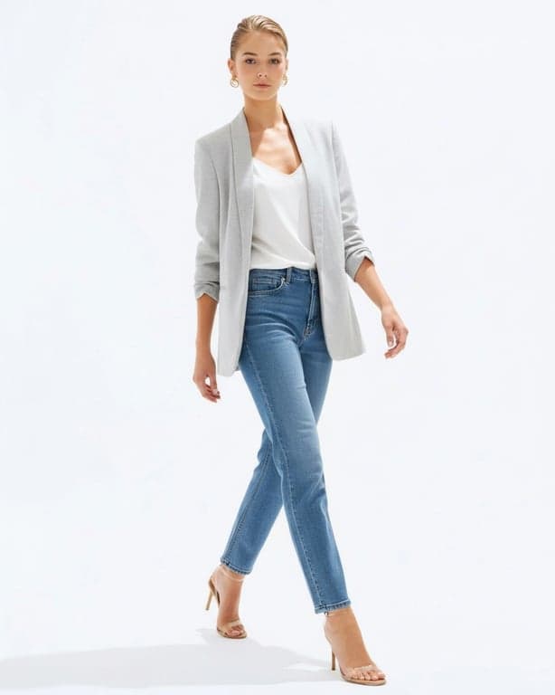 add suit to photo online free – after pic: woman in gray suit walking portrait