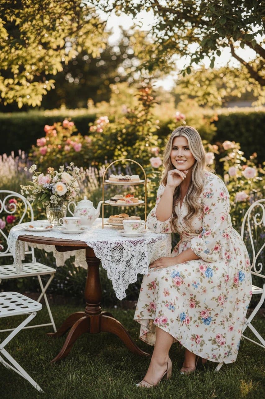 Tea Party Outfits filter after transformation - portrait wearing floral tea party dress in bright garden with tea table setting