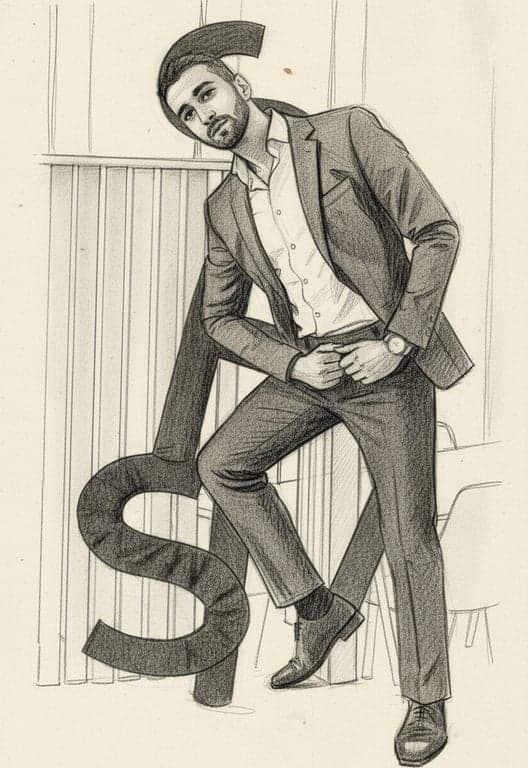 A person's body is contorted to form the capital letters of the name "SAM", with the head as the top of the 'S', the torso as the 'A', and legs as the 'M', in a playful sketch style.