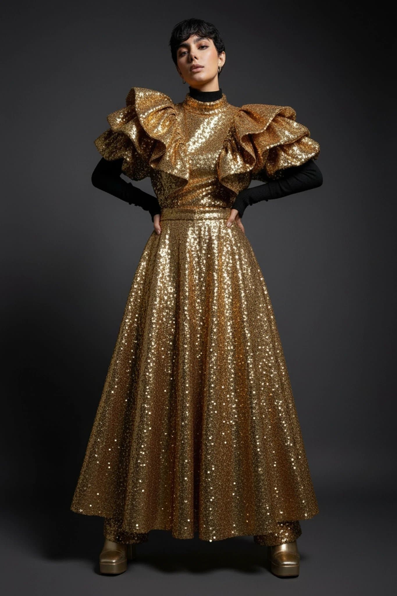 Gold Party Clothes filter after transformation - portrait styled as high-impact gold party look