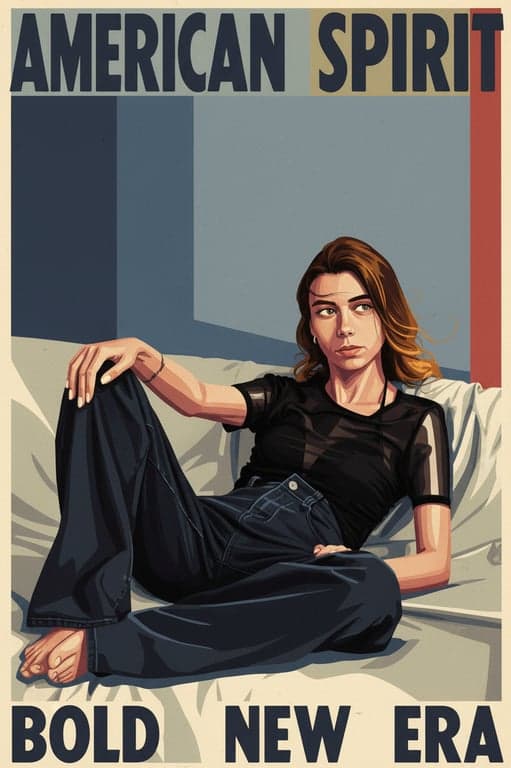 a portrait of a person stylized in an Americana-inspired art style evoking small-town life, open roads, honest expression, and classic American imagery