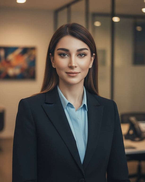 a portrait of a woman, corporate linkedin photo, professional attire, slight smile, soft office background, natural retouching.