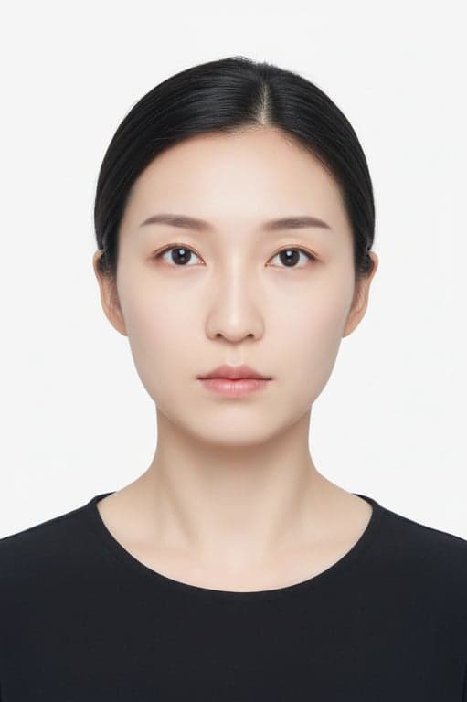 A universally acceptable AI photo ID of a woman, meeting common international size requirements, natural expression, perfect lighting symmetry, solid off-white background, for multi-purpose use.
