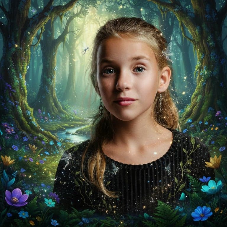 AI fairy after pic - magical forest fairy with floral crown and sparkling background