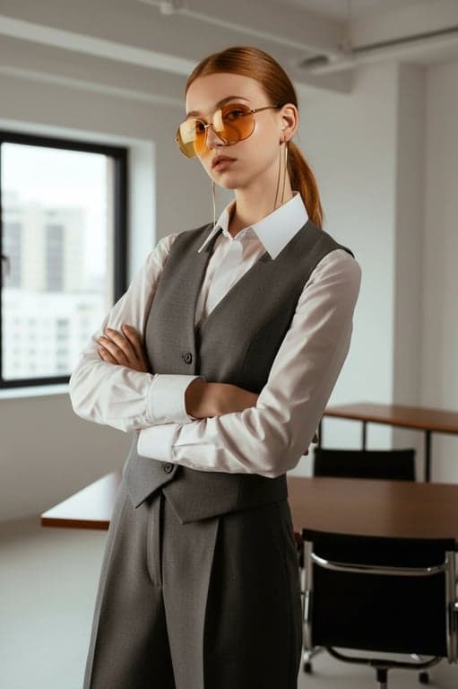 Office Siren Outfits filter after transformation - portrait in tailored vest and office-core outfit with refined professional mood